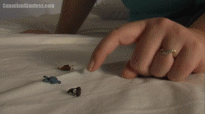 Lisa has been fired so she has decided to get revenge on her coworkers. Each one is popped into her mouth one at a time. The first is briefly left on her tongue before being gulped, but the second Lisa doesn't like the taste of after she plays around with her. So she spits her out and steps on her a bit with her huge size 13 feet. Another is picked up and put in her mouth. This time he's chewed on a bit as Lisa's tongue moves him around. He too is eventually swallowed and Lisa rests her hand on her tummy.
