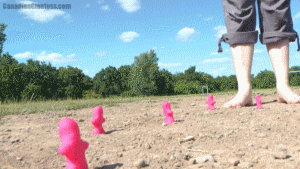 Introducing April! She's shrunken down all her roommates and plans to squish them under her feet. One by one they slowly meet their fate under the bare soles of our newest Canadian Giantess! Quite a few are squished with her big toe but there is a lot of foot related variety to this one. There are a few advanced slow motion scenes including one where she jumps on the tiny! The dusty ground really helps emphasise her movements in slow-mo, so we slowed down a couple scenes where she's trying to scrape her roommates off the bottom of her feet as well! She is pretty talkative and playful, sort of similar to Opal's style of dialogue.
