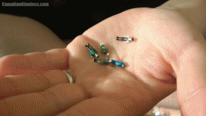 Witchy has shrunken several people who were in line ahead of her. Frusterated since she only had two items and no one would help her, she decides to take out her agressions on them. Lots of dialogue leading into them being put into the clear sandals Witchy has on. Interesting views show the micro people in her sandals pressed against her feet. In the end she presses her other foot down on the sole of the sandal they're all in, finishing off any who were still alive in there.
