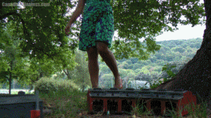 While wandering through the park, Lala comes across a small logging camp that she's never noticed before. She's very curious and the focus is on her wonder, but then realizes she's squashed one of the micro people under her palm without even knowing it. When she turns it over she realizes he's still alive and gives him a little kiss better. Feeling playful Lala puts a few of the tiny people between her toes and starts bouncing her foot up and down giving them a ride. There are a couple advanced slow motion scenes as her foot pads the ground with the tiny people stuck between her toes. Finally Lala takes them out and puts them back in the camp, however what else does she have planned for them? Part two is coming soon! Most of the video focuses on Lala sitting, but the intro does include a short scene of the ground shaking as she walks over and discovers the camp.
