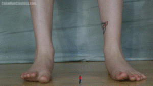 Aurora lent her friend some money and she hasn't received any return since. Fed up she's already shrunken him down and he now stands at her huge bare feet. In his tiny squeaky voice he tries to explain himself but she can't even hear him anyway as she echoes high above. Finally she squashes him flat with a gooey sounding splat! Replayed again in advanced slow motion. All the green screen content in this is unused before and original. Includes some POV and scenes of her twisting her foot on the ground where her tiny friend once stood.