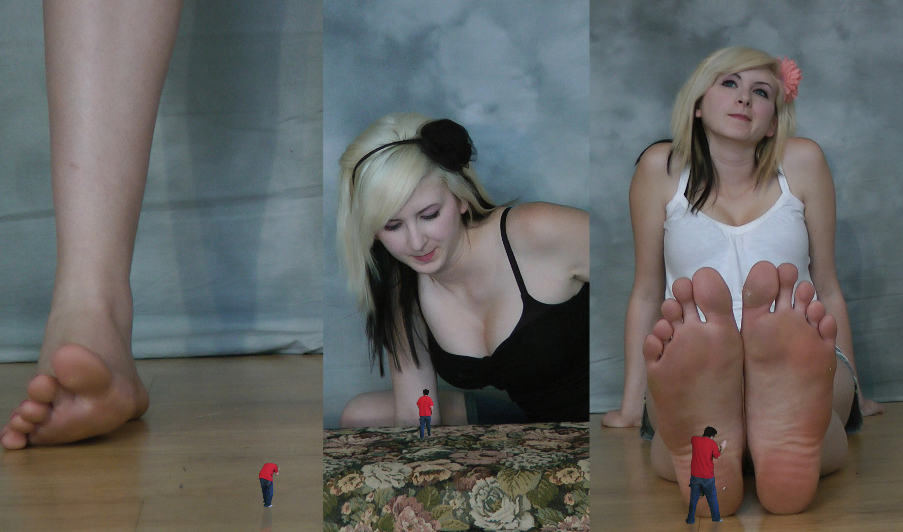 The full collection of Aurora Nichole SFX videos from her first video shoot in one pack. All three videos play back to back and come at a discounted price for buying them together. Those videos are:
<br><br>
Aurora Sits On A Butt Grabber SFX: Aurora now has a guy who grabbed her butt right where she wants him, already shrunk and at her mercy. He's confused at first as she shakes her butt overhead. As he tries to ask her what she's doing in his tiny squeaky voice, Aurora reveals she's going to squish him! Horrified the guy tries to explain himself, but she either can't hear him or doesn't care. In the end she sits down on him. He is just softly and quietly pressed into the plush seat she sits down on. The ending is replayed in advanced slow motion and some of the booty dancing scenes are replayed in slow motion throughout and at the end as an added bonus. Includes music throughout as well.
<br><br>
Aurora Steps On Her Friend SFX: Aurora lent her friend some money and she hasn't any return since. Fed up she's already shrunken him down and he now stands at her huge bare feet. In his tiny squeaky voice he tries to explain himself but she can't even hear him anyway as she echoes high above. Finally she squashes him flat with a gooey sounding splat! Replayed again in advanced slow motion. All the green screen content in this is unused before and original. Includes some POV and scenes of her twisting her foot on where her tiny friend once stood.
<br><br>
Foot Slave Massages Auroras Feet SFX: Aurora voice echos as she instructs her foot slave who is massaging her huge bare feet for her. All original green screen content as he rubs her feet that tower over him. Includes a couple bonus advanced slow motion scenes that are closer views of Aurora's feet as her tiny foot slave rubs them for her. No violent end to this one, just Aurora being content with her foot massage.