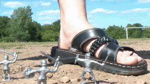 This is a fun early video for April's fans. The first half focuses on April tormenting some knights by picking them up and tossing them away. A couple even get quickly finished with short vore POVs. In the second half it's mostly barefoot action as the already collapsed knights are ground into the dirt. Includes some POVs as well featuring April stomping around the camera.
