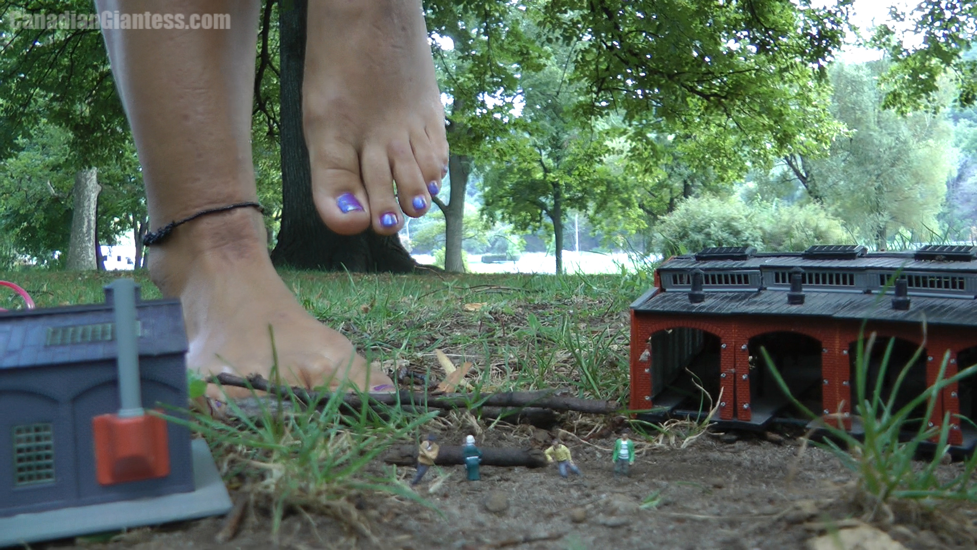 This collection includes all three Lalalicious and the Logging Camp videos into one discounted package! See what happens what playful Lala comes across a tiny logging camp in the park! The tiny people there find themselves  at the mercy of her huge bare feet and one in her mouth!
<br><br>
Part 1 - While wandering through the park, Lala comes across a small logging camp that she's never noticed before. She's very curious and the focus is on her wonder, but then realizes she's squashed one of the micro people under her palm without even knowing it. When she turns it over she realizes he's still alive and gives him a little kiss better. Feeling playful Lala puts a few of the tiny people between her toes and starts bouncing her foot up and down giving them a ride. There are a couple advanced slow motion scenes as her foot pads the ground with the tiny people stuck between her toes. Finally Lala takes them out and puts them back in the camp, however what else does she have planned for them? Part two is coming soon! Most of the video focuses on Lala sitting, but the intro does include a short scene of the ground shaking as she walks over and discovers the camp.
<br><br>
Part 2 - Curious about how big this logging camp is that Lala has just discovered, she stands up and beings wandering around it. The ground doesn't shake in this one as most of her steps are cautious and careful, even if some people still end up under them. Lots of wonderful views down at ground level in this one as the carefree and playful Lalalicious explores the tiny camp. There are a few slow motion scenes too that highlight the action at her bare feet. Many end up under Lala's big toe or the sole of her feet. After squishing so many Lala isn't having fun anymore and is getting bored with them. She will have one last idea for what to do with one of them!
<br><br>
Part 3 - Lala isn't too interested in playing with the tiny people any more but has found one last one that she thinks is cute. Unfortunately for him, she wonders what he tastes like. A couple licks later he's played with by her mouth and held standing upright between her teeth. However when he falls to the ground and Lala continues she comments that he brought some dirt in with him. This seems to change her mind about not eating him since she swallows him after some advanced slow-motion action at the mercy of her tongue, followed by a regular speed scene using his shoes to clean her teeth. She leans down on one of their buildings and relaxes under the tree, her adventure at the logging camp complete.