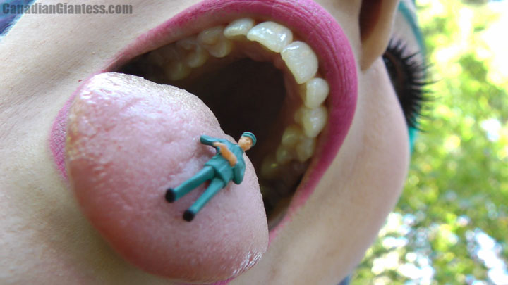 An officer had given Sarah trouble for just sitting around in the park! Now, he's already been shrunken down and finds himself at the mercy of her toes and pressed down under her massive tongue! Mostly a vore video, but does contain some barefoot action at the start. Included are some views of Sarah's beautiful mouth and a couple slowmo scenes as well!
