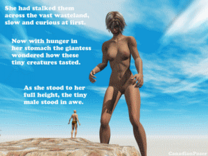 Two tiny cave people are wandering out in the wastelands while being stalked by a giantess. Finally when the caveman is exploring a rocky hill for water the giantess stands to her full height and confronts him. She eats him up and quickly gives chase to his mate. The tiny girl can't outrun the giantess and she's quickly stepped on. Held under the giantess' bare foot, the tiny woman is crushed down so she won't run away anymore. After that she's picked up and eaten too. Lots of text along with the images to tell the story of these two cave peoples encounter with a giantess. 42 images at 1600x1200 high res.
