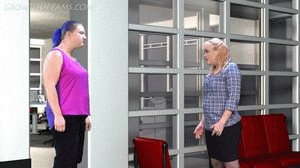 This is a slower growth video done a stages like some of our older videos.  Julie Simone is at work and her taller boss is harrassing her so she takes a serum to get taller, thier is scene were she is taller and loves it but then she get too tall so she goes back to the doctor and while he is making the serum she has a third growth spurt. The Dr. manages to make her small again but it does not last and she grows again to giant size then finds and kills her boss.  After that she has one more Mega growth spurt.  
