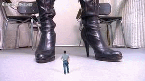 Agony has a student of hers shrunk in front of her giant boots and she is tapping and walking to imtimidate him and the Ground Shakes and also boom sounds are included.  Then she makes him clean her boots then finally at the end she slowly crushes him under her boot.
