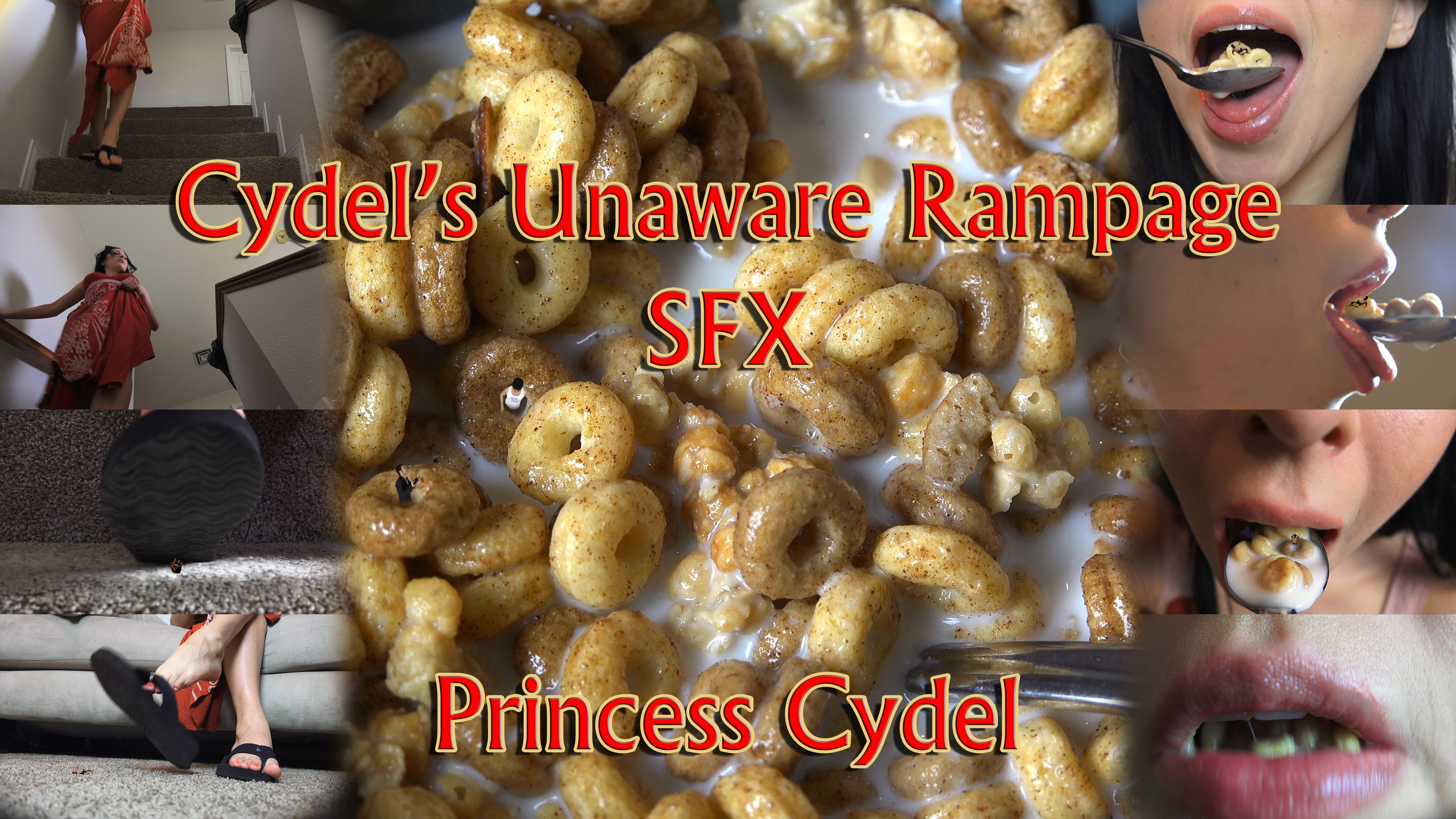 The amazing Cydel in an Epic unaware special-effects. watch with awe and fear, and quite an arousal, as she roams her house. her gigantic steps makes the world tremble, as she crush the poor tiny men which infest her immense dwelling. after stepping into her kitchen in what seems like long, long journey, she feels hungry and decide to eat a bowl of cheerios. unfortunately for them, a bunch of tiny people are trapped inside the cereal, and are bound to be eaten alive by one of the most beautiful goddesses of all times. an amazing unaware video, with what might be our best slow-motion ground-shakes ever, and some pretty great vore shots!
