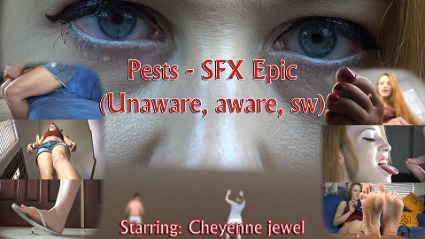 The beautiful Goddess, Cheyenne jewel arrives home. little does she know about the tiny men & women infestation that plague her house! she roams the place, crushing some poor victims under her gigantic flip-flops. one poor man get crushed under her perfect ass. some of them get to worship her amazing soles, and some even manage to climb all the way up to the alluring gap in between her mountainous toes...Cheyenne is completely unaware to their pathetic existence..Until she notice them.that's where the real fun begins! Cheyenne crushes some poor tiny woman under her sexy big toe, and then uses a special device she crafted - a tiny pests tracker - in order to locate more of the poor insect-sized humanoids! she eat one, crush another in between her toes, and also under her big toe yet again!
