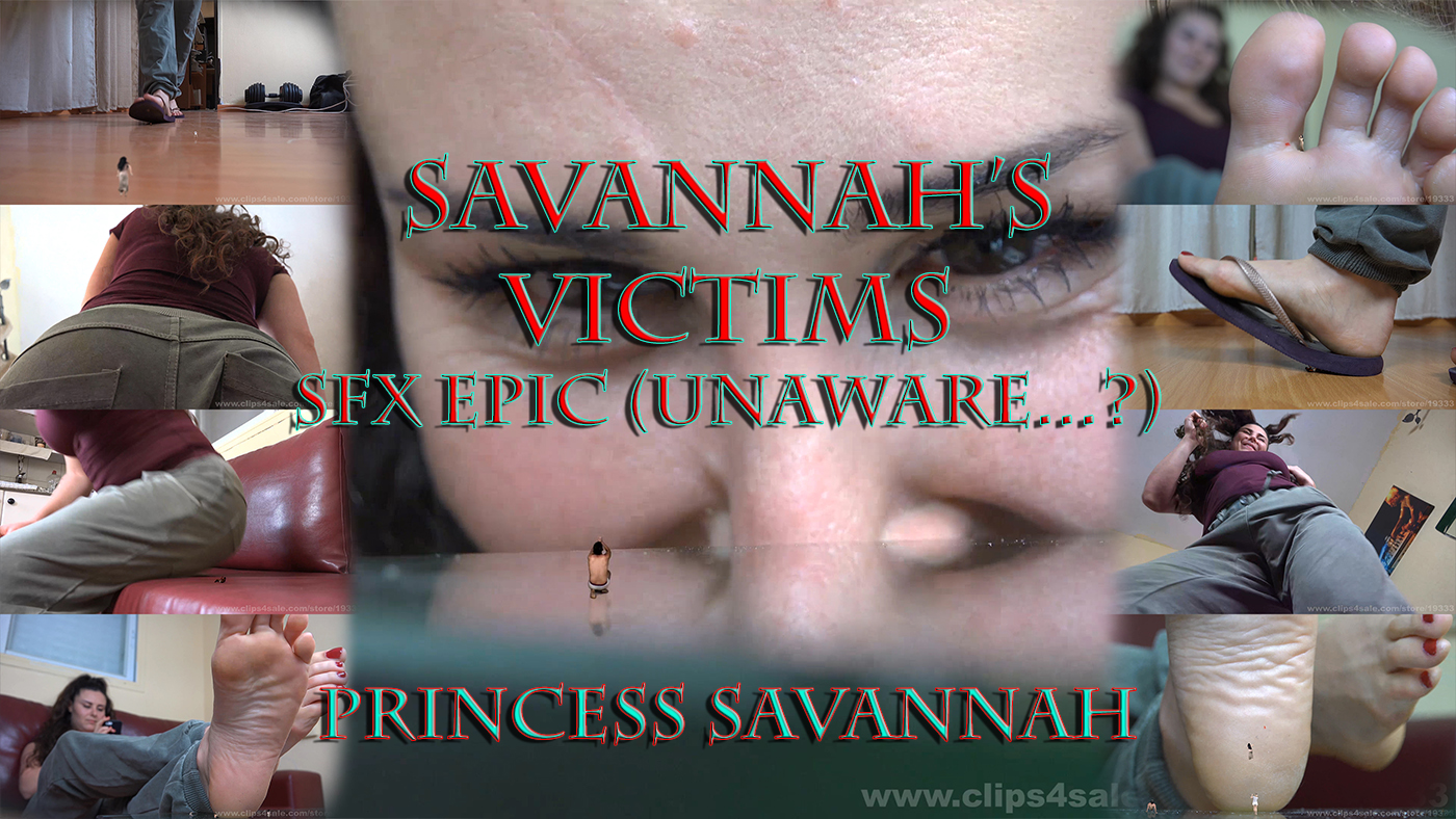 for her, it's just a walk in her house. for them - a true goddess, shaking the very foundation of their tiny world! at the first half of the video, Savannah is crushing poor tiny men AND women under her flip-flops, butt and feet. at some point, though, she SEES them, and some really sexy & fun aware stuff begins!
