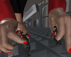 This story is about future in which people can travel from planet to planet through portals. In this story an accident happens that causes two men to shrink. A female scientist is able to figure out how the portal caused them to shrink and develops a shrink ray. Towards the end of the story women start taking over the earth. Men are stepped on, eaten, and used as sex toys. There is also an in shoe crush and a scene where a man is passed between the mouths of two women kissing.
