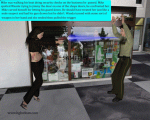 This story is about an agent for a secret government agency who has lost her mind and begins using a shrink ray on unsuspecting victims. Unlike other giantess stories however, this giantess does not like to do the dirty work herself and prefers to let nature take its course with her little victims by allowing them to fend for themselves at their new size. Her first victim in a police man whom she shrinks to mouse size. He ends up fighting off a cat with some very good marksmanship, He is found by a nice giantess who brings him to the Police Station where another giantess from the agency picks him up and brings him to a lab for testing. He is saved from an evil scientist by his closest friend who rescues him only to be kidnapped by a hotel maid. The maid and her lesbian girlfriend take turns using the little cop as a sex toy.
