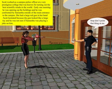 This story is about a female college professor who invents a shrink ray and shrinks a police officer and kidnaps him. She puts him into her cleavage and takes him home.  She forces him to give her foot massages. Later she strips his clothes off and dangles him over her mouth and teases him by making him think she is going to eat him. She puts him into her mouth and toys with him like a piece of hard candy. Then she takes him out of her mouth and uses him as a sex toy. She forces him to breast feed and then she puts him inside her vagina. Later she puts him in a jar while she goes to work. He tries to escape and she comes home and finds him and then threatens to step on him. He pleads for his life and she spares him. She tapes him down and uses a shrunken vibrator on him and then forces him to worship her feet. Later she tapes him to the insole of her shoe and uses him as a  human insole. 
