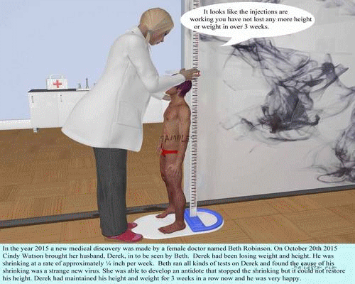 The Shrinking Virus pt. 1 404 pics. This is one main plot that starts with a female doctor who engineers a shrinking virus and a shrinking serum. In a matter of months the entire male population is afflicted to one degree or another by the virus. Some men are a few feet tall some are as small as a ï¿½. This story has a lot of crush scenes, hand held scenes, insertion and one sitting on and farting scene. 
