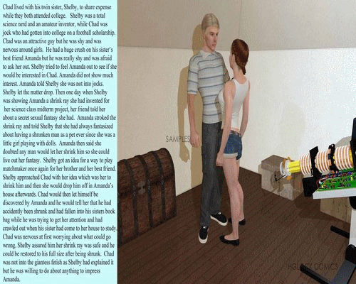 This is a 709 pic set. There are 9 stories in this set.  This set includes gentle giantess sets with lots of handheld pics, mouth play and general affection. There is also a vore set with some in stomach shots. There is also an in shoe set as well as some insertion pics. Also lots of foot crush pics. One set has a shrink sequence where the SM is shrunk down slowly and there is interaction at 4 different sizes.
