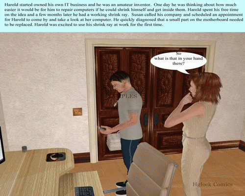 This is a 700 picture poser comic about a man named Harold who invents a shrink ray so he can more easily work on computers. His invention malfunctions and he is found by a 18 year old cheerleader named Gretchen. Gretchen shares Harold with her friends and her mother ends up taking Harolds invention and sharing it with the world. Harold is force to play a game of hide and seek as a tiny man.  This story has crush, insertion, unaware, but crush, vore, bath tub play,  and micro. There is gentle as well as evil giantess. It is a similar there to the last Invention story set but with all new characters. 
