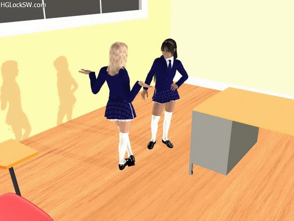 Two SchoolGirls shrank the teacher and she is hiding under the desk. the two girls catch her and play with her threatening to eat her then they stick her to a chair with some chewed gum then they sit on her and finally they drop her back to floor and stomp her life out.
