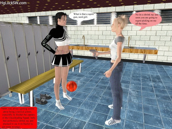 Sally was a nerd always getting teased by Rachel so she invented a Shrink and intended to shrink Rachel but the ray malfunctioned and Sally shrunk and was almost stepped on and caught by rachel. rachel put sally in her sneaker and bought her home then rachel fondled Sally and used sally along with her dildo. This is pretty graphic stuff.
