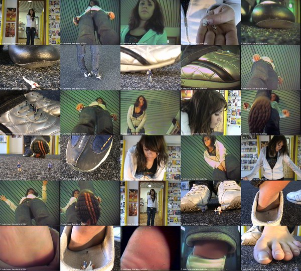 A new collection with Kat and her sneakers vs. some shrunken people. Four great movies with many POV-Crush, accidentally crush, inshoe-crush (out-of-shoe pov) and some barefoot action - Enjoy!
