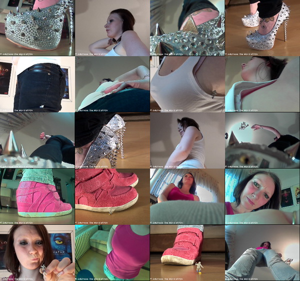 Two new movies with Jen and some shrunken people. First you try to climb to her shoulder, but you end up stuck on her shoe - but you have a nice view while she's walking. IN the second you try to climb to her knee - but she catches you... Enjoy! 
