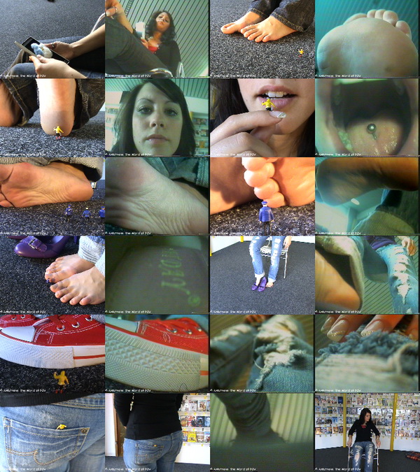 Three new movies with Kat: In the first you have to massage her feet, before you go down into her stomach. In the second many shrunken man find their end under her bare feet, the last inside her shoe. And in the third movie you try to climb her and get stuck in her back pocket. 
