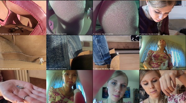 Three new movies with Solnyshko and some shrunken men. One little men climbs up to her knee, another one tries to climb all the way up to her shoulder. A third men thinks she likes him - but he then he finds himself inside her shoe... Great POV-views, body climbing, crush, accidentally crush, inshoe-crush (out-of-shoe pov) and a very cute girl - Enjoy!
