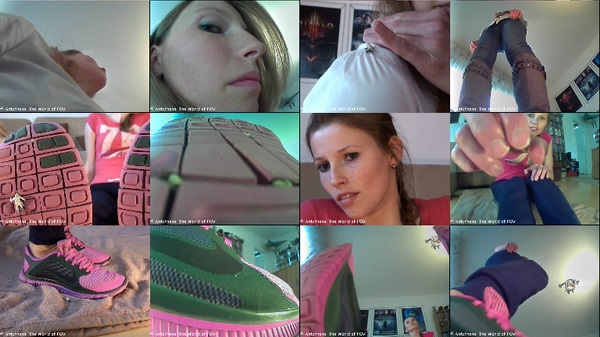 Isi vs. some shrunken men. In three clips three men try to climb up to Isi - one on her shoe sole, one to her knee and one up to her shoulder. All of them get caught and crushed - mostly accidentally. Cool boots and sneakers, nice close ups, handhelds and a very cute girl - Enjoy!
