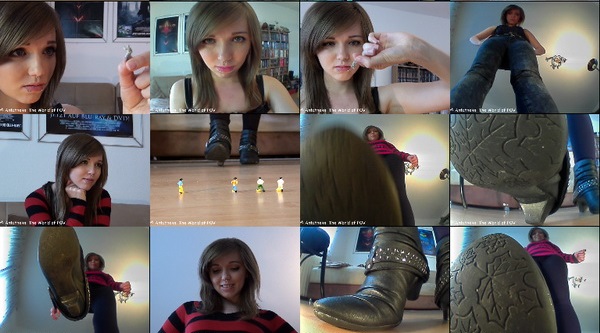 The first movies with Xenyia vs. some shrunken people. First a little man tries to climb up to her knee - but he gets caught. And a group of four boys sneak into her room - she finds them and crushs one after another.... Great POV-Views, a very cute girl and many crushing action - Enjoy!
