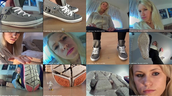 The first collection with our cute model Regina and some shrunken people. In the first two clips one little man tries to climb up to her knee, the other one the sole of her sneakers - but both get caught and crushed. The third clip is a long pov movie with great close ups of her face and her feet, before you get crushed under her lovely soles - Enjoy! 
