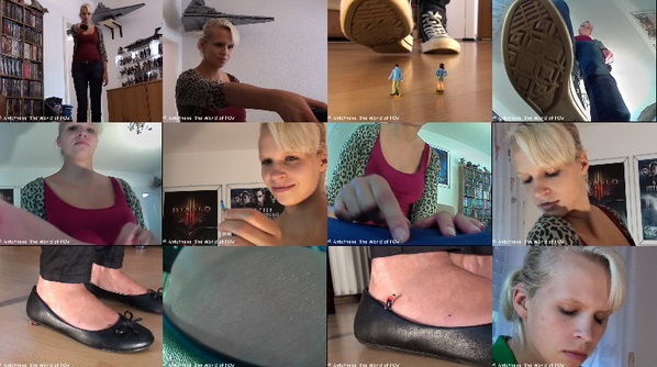 Two great new movies with Liongirl and some shrunken people. First she shrinks her ex boyfriend and his new girl to have some revenge. Then a little man tries to climb up on her shoe - but he gets caught and soon he finds himself inside the shoe. Many great close-ups, crush, butt-crush, out-of-shoe pov and a tall girl - Enjoy!
