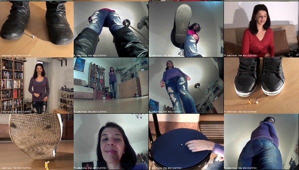 Four great movies with Nalida! Her Kids are shrunken, and when Nalida comes home, her sons are right in her way. Her daughter can finally get her attention - but Nalida think it's just another bug. In the second movie she shrinks her ex boyfriend and his new girl to have some revenge. The last two movies are long pov-only movies. First you're dancing right in front of her face until she has enough of you. And in the last movie you try to hide in a carpet, but Nalida starts to stomp on it ... Great close ups, cool pov views and a great giant girl - Enjoy!
