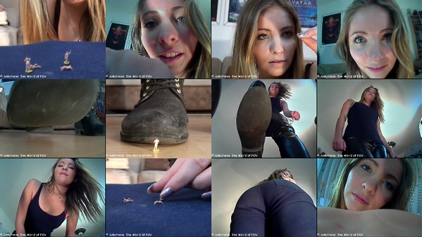 Katharine finds some shrunken people in her house and the cute girl loves to have some fun with them. So the little people are getting eaten, crushed under her boots, under her butt and in her hand - all just for her amusement
