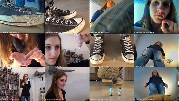 The first collection with our model Finja and some shrunken people! A little man climbs up to her knee, but he gets caught and punished. Then she shrinks her ex boyfriend and his new girl to have some revenge. Many close ups, great pov views, crush, butt crush and a great girl - Enjoy!
